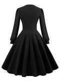 V-Neck Button Front High Waist Long Bishop Sleeve Women Elegant Autumn Clothes Green Solid Vintage Ladies Swing Dresses
