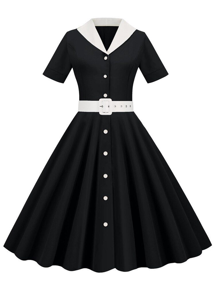 50s Summer Vintage Robe Women Short Sleeve Single Breasted Belted Elegant Ladies A Line Swing Dresses