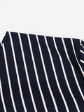 Navy Blue Button Front Striped Vintage Cotton Midi Dresses Women High Waist Pocket Side Pleated Dress