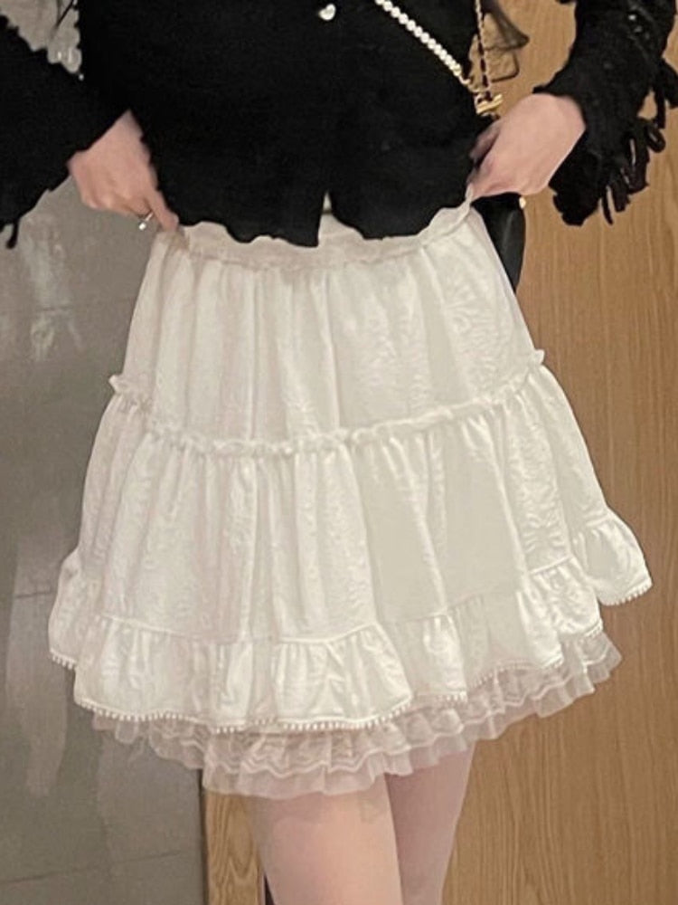 Summer White Lace Sweet Korean Fluffy Kawaii Party Mini Ruffle Flounce Slim Chic Skirt