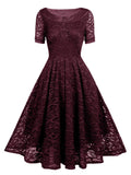 O-Neck Short Sleeve High Waist Vintage Lace Elegant Women Solid Pleated Midi Dresses