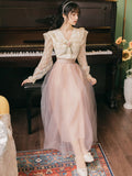 2pcs/set Summer Chiffon Patchwork Retro Pink Vintage Party Korean Lace Solid Floral Sweet Dress