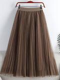 Elegant Tulle Pleated Skirt Summer Women Elastic High Waist Solid Casual Mesh Midi Skirt