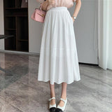 Women Elegant High Waist Pleated Maxi Skirts A-line Long Summer Korean Pink Skirt