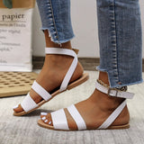 Plus Size Ankle Strap Flat Sandals Women Summer Black PU Leather Beach Shoes Comfortable Soft Sole Casual Sandalias