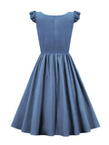 Square Neck High Waist Vintage Blue Pleated Dresses Ruffle Sleeve Elegant Women Spring Summer Long Dress
