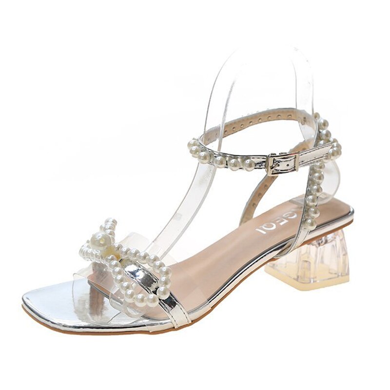 Summer Ankle Strap Pearls Sandals PVC Transparent Heels Sandalias Mujer Beaded Bow Party Shoes