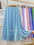 Women Elegant Mid Calf Length Long Pleated Elastic High Waist Solid Casual Summer Midi Skirts