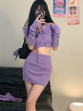 2pcs/set Summer Purple Women Sexy Patchwork Knitted Sweater Set Korean Kawaii Crop Top+mini Skirt