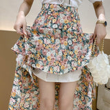 Women Chiffon Casual Summer Vintage Floral Print High Waist Ladies Elegant A-line Long Skirt