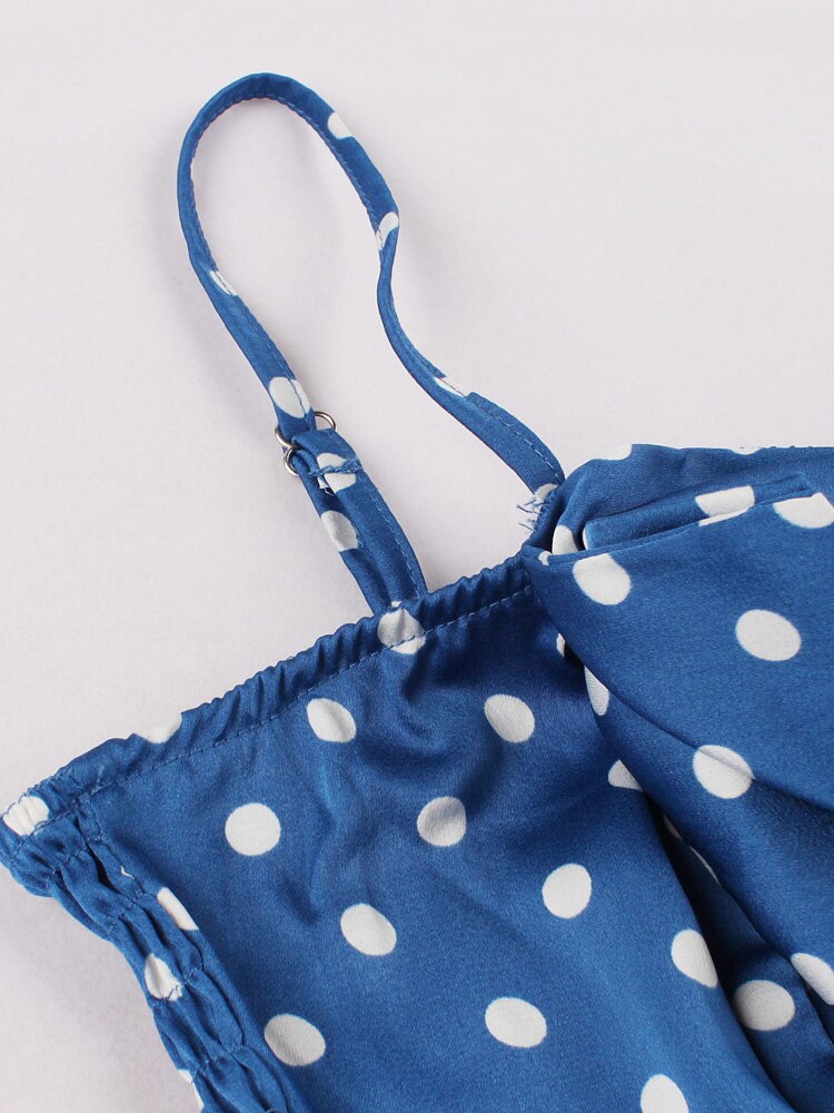 Blue Polka Dot Bow Front Spaghetti Strap Summer Women High Waist Shirred Back Pleated Vintage Dress