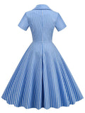 Notched Collar Striped High Waist Vintage Outfits for Women Short Sleeve Mid-Calf Length Midi Dress