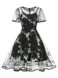 Floral Embroidery Mesh Luxury Birthday Dress Prom Party Women Spring Summer Evening Vintage Style Black Dresses