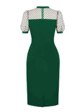 Dotted Mesh Lantern Sleeve Women Vintage Bodycon Dresses Summer Elegant Outfits Green Solid Office Knee-Length Dress