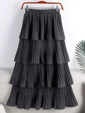 Elastic High Waist Solid Casual Pleated Skirt Elegant Ruffle Tiered Midi Skirt