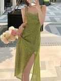 Summer Women Sexy Spaghetti Strap Green Dress Elegant Sleeveless Holiday A-Line Vestdios