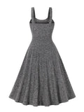 Grey Knitted Tank Dress Women Fall Clothes O-Neck Lace-Up Front Vintage Fit and Flare Party Ladies Swing Dresses