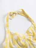 Vacation Women Summer Dress Sexy Backless Party Halter Neck Yellow Plaid 50s Vintage High Waist Ladies Swing Dresses