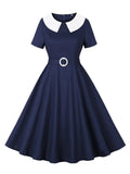 Peter Pan Collar Short Sleeve Elegant Formal Cotton Dresses Fall 2023 Vintage Fashion Women Clothing 50s Rockabilly Dress
