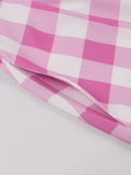 Pink Plaid Elegant Sleeveless Summer Midi Dresses for Women High Waist Pleated Vintage Rockabilly Pockets Dress