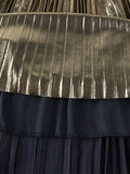 Spring Women Metallic Pleated Skirt Elastic High Waist Elegant Vintage Midi Skirt