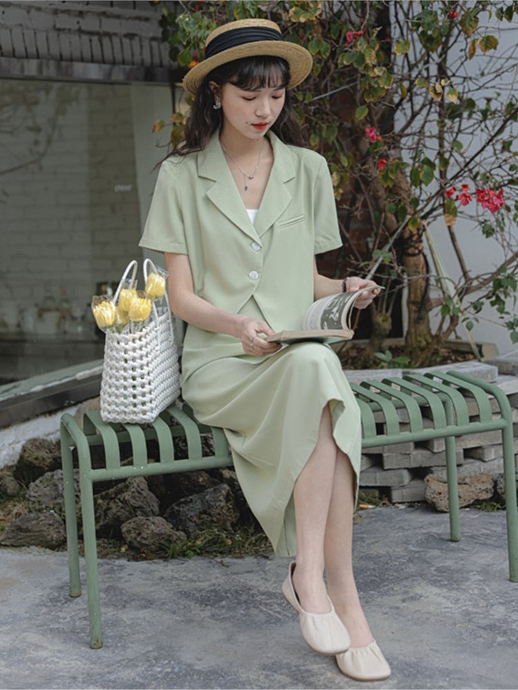 2022 Spring Women Blazer Set Korean Style Elegant Midi Skirt Suit Office Lady Outfit