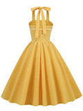 Yellow Plaid Halter 50s Robe Pleated Fit and Flare Women Backless Party Vintage Pocket Dress