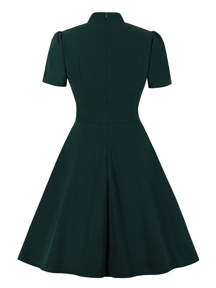 Twist Stand Collar Cut Out Front Party High Waist Ruched Dress Vintage Summer Women Pocket Side Green Swing Dresses
