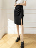 High Waist Pleated Split Office Lady Summer Korean Style Sexy Women Solid Color Knee-length Pencil Skirt