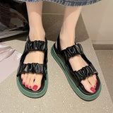 Pleated Flat Heels Sandals Summer Buckle Thick Bottom Gladiator Woman Non Slip Students Shoes