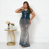 Plus Size Women Blue Silver Sequin Beading Evening Dress Elegant V Neck Party Maxi Dress Long Prom Dress