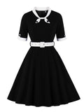 Green Contrast Bow Neck and Cuff Vintage Belted Dress Half Sleeve Autumn Women Fit and Flare Retro Swing Dresses