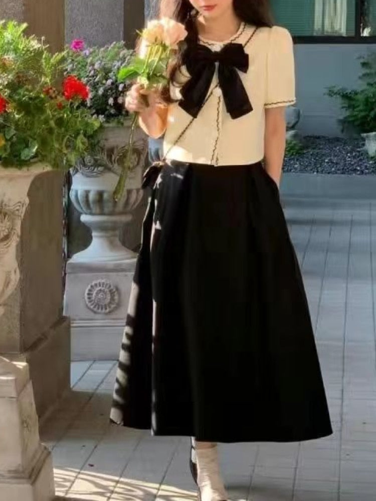 Summer Bow Elegant Two Piece Set Women Puff Sleeve Loose Sweet Midi Skirt Set Kawaii Suit