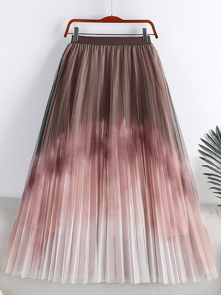 Long Gradient Color Tie Dye Print Pleated Skirt Elastic High Waist Casual Tulle Midi Skirt