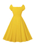 Sweetheart Neck Off Shoulder Party Elegant Women A-Line Vintage Dress Summer Clothes Cotton Polka Dot Dresses in Yellow
