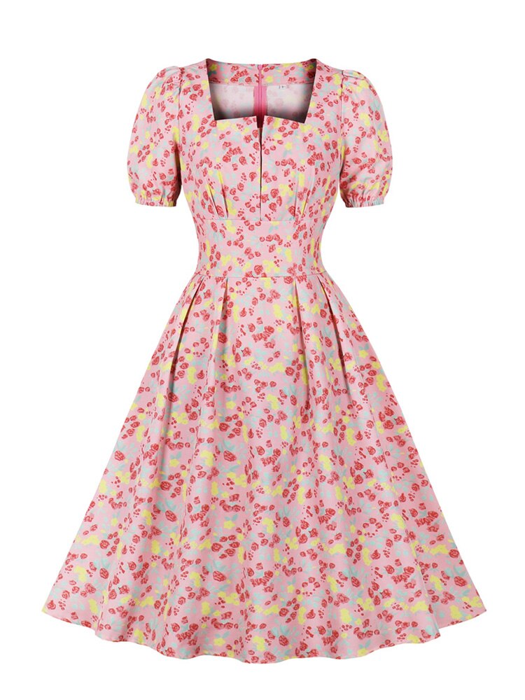 Square Neck Puff Sleeve Floral Pink Vintage Style Pleated High Waist Midi Dress