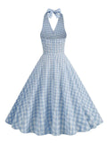 Blue and White Plaid Vintage Holiday Women Summer Dresses Sexy Halter High Waist Fit and Flare Rockabilly Dress