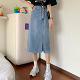 New Denim Women Long Jeans Skirt Button A-Line Casual High Waist Skirts