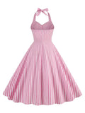 Pink and White Stripes Ruched Front High Waist Cotton Dresses Halter Neck Women Birthday Party Rockabilly Vintage Dress