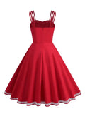 Vintage Red Solid Long Dresses Spaghetti Strap Lace Trim Summer Outfits for Women 50s Pinup Fit and Flare Dress