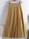 Spring Summer Elastic High Waist Elegant Pleated Skirt Women Solid Casual Midi Long Skirt