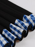 Plaid and Black Patchwork Vintage Pleated Dresses Women Button Front Short Sleeve Summer Gingham Rockabilly Dress