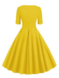 Sexy Deep V-Neck Evening Party Yellow High Waist Elegant Women Half Sleeve Vintage Midi Swing Dress
