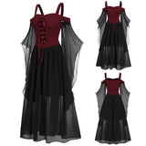 Halloween Party Witch with Charming Patchwork Bat Sleeves Big Swing Halter Dress Girls Play Costume