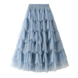 Women Asymmetrical Tulle Long Black Ruffle Layered Vintage High Waist Puffy Pleated Maxi Skirt