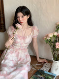 Summer French Women Elegant Holiday Print Midi Dress Slim Vintage Retro Sweet One Piece