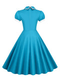 Peter Pan Collar Puff Sleeve Turquoise Cotton Dresses Women Elegant Robe Solid Vintage Style Pockets Midi Dress