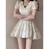 All-match 90's Harajuku Bubble Sleeve Sweet Kawaii Women Bow Lace French Vintage High Waist Mini Dress