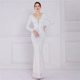 New Elegant V-neck Long Sleeve Evening Dress Sexy Mermaid Sequin Floor length Wedding Party Dress