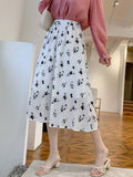 Women Elegant Long Spring Korean Style Floral Print All-match High Waist Ladies A-line Casual Skirt